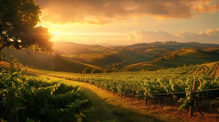 Naklejka premium Vineyard with red grapes at sunset, green leaves and rows of grapevines in the background