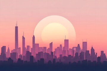 minimalistic 2D illustration of a city skyline at sunset, using simple geometric shapes and a soft gradient sky to create a modern, tech-forward look 