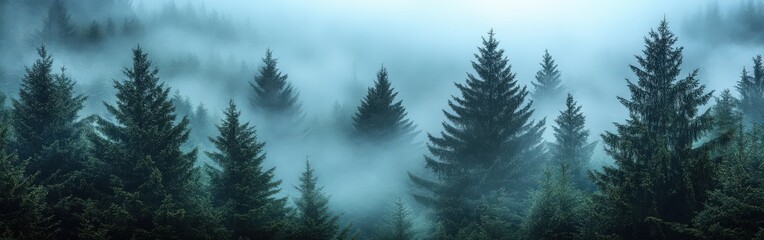Misty fir forest with soft morning light filtering through the fog