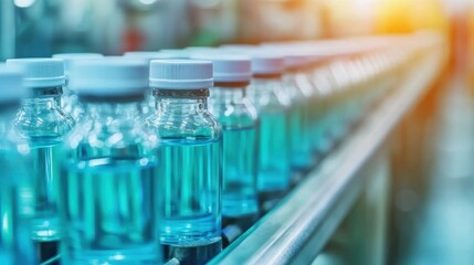 Transparent pharmaceutical vials are continuously transported on a production line in a factory setting, preparing for packaging
