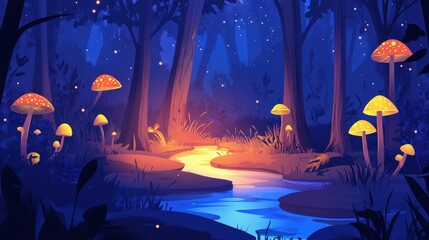 Obraz premium Enchanting Forest Night - 2D Flat Vector Art of Glowing Stream, Luminescent Mushrooms, and Magical Trees Illuminated by Moonlight