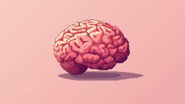A 3D pixelated human brain glows against a bright pink background, digital and futuristic.