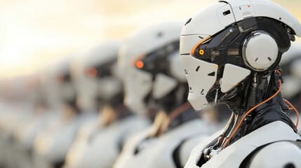 Fototapeta premium Advanced humanoid robots stand in precise formation at a technology exhibition, demonstrating cutting-edge engineering and design