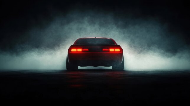 A sleek red car stands out from the darkness, illuminated by its vibrant taillights, amidst a misty, dramatic backdrop