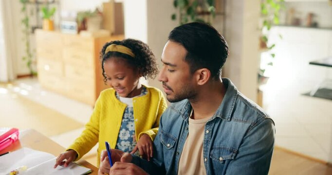 Busy, education or remote work with father and daughter in home dining room for distraction or study. Distance learning, freelance employment or multitask with single parent man and girl in apartment