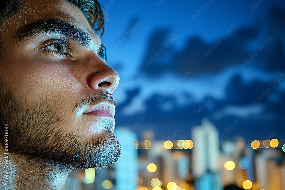 Poster a close-up of a manâ€™s face in profile, illuminated by the glow of a city skyline at night, creatin
