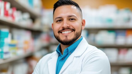 Naklejka premium A smiling pharmacist stands confidently in a contemporary pharmacy surrounded by shelves stocked with various medications