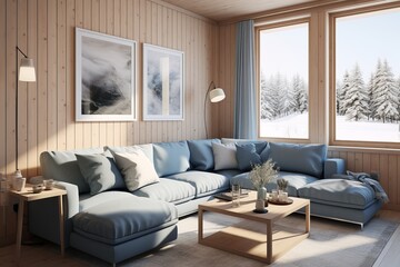 Cozy winter living room with blue couch and snowy landscape view outside the window