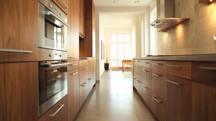 Fototapeta premium This modern kitchen features warm wooden details, sleek appliances, and an open layout that creates an inviting atmosphere for cooking