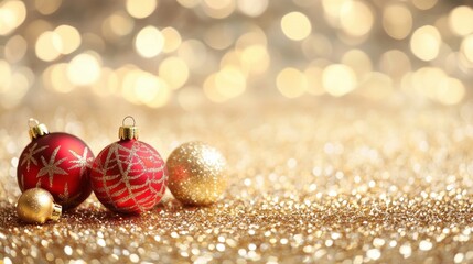 Red and gold Christmas baubles placed on a shimmering surface adorned with soft, glowing lights create a festive atmosphere
