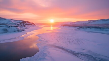 Aerial panorama of the tundra ecosystem, flocks of migratory birds and caribou traversing the ice-filled valleys, a cold sunset reflecting on frozen lakes