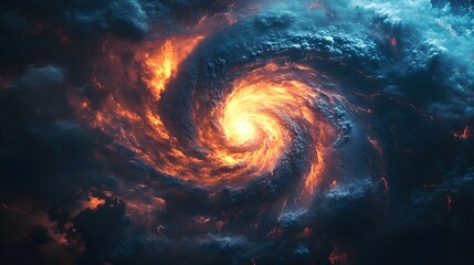 A massive storm brewing over the ocean, seen from a satellite perspective, intricate cloud patterns spinning in a perfect spiral, glowing neon lines representing wind paths, cyberpunk style