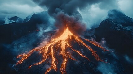 Aerial capture of a volcano spewing ash and lava, the red-hot flow snakes down barren mountainsides, the sky filled with thick, swirling ash clouds