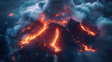 Fototapeta premium Erupting volcano captured from a bird's-eye view, molten lava lighting up the dark terrain, thick ash clouds in the atmosphere, futuristic holographic effects, neon accents, sci-fi