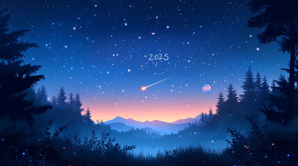 Fototapeta premium A serene night sky filled with stars, a shooting star, and mountainous terrain, evoking tranquility and wonder.