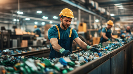 Obraz premium A worker in a recycling facility sorts through glass bottles, wearing a hard hat and gloves, contributing to waste management and sustainability efforts.