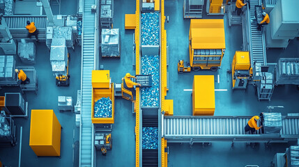 Aerial view of a bustling warehouse with workers and conveyor belts processing packages in an organized layout.