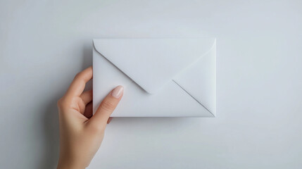 A hand holding a simple white envelope on a pale background.