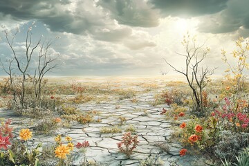 Paysage aride en régénération avec des fleurs sauvages et végétation