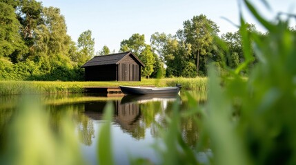 Obraz premium A wooden cabin stands near a peaceful riverbank with a boat floating nearby, surrounded by lush greenery and summer forest trees.