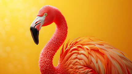 Fototapeta premium Pink Flamingo with Copy Space and Yellow Background