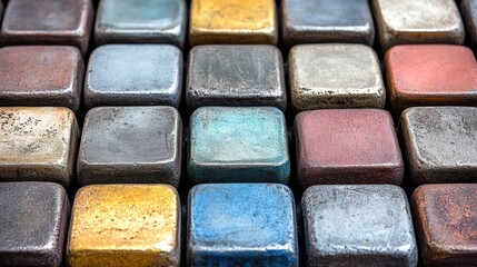 Fototapeta premium A close-up of a series of square blocks in varying hues of grey, blue, gold, and brown, exhibiting a distressed metallic surface texture