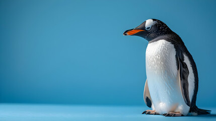 Obraz premium A Curious Penguin Standing on a Blue Background, Copy Space for Your Message