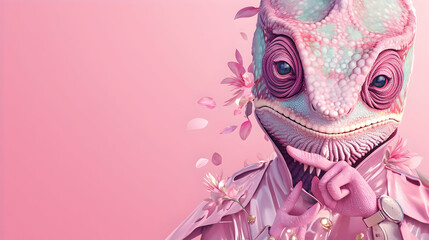 Pink Chameleon with Flowers and Copy Space