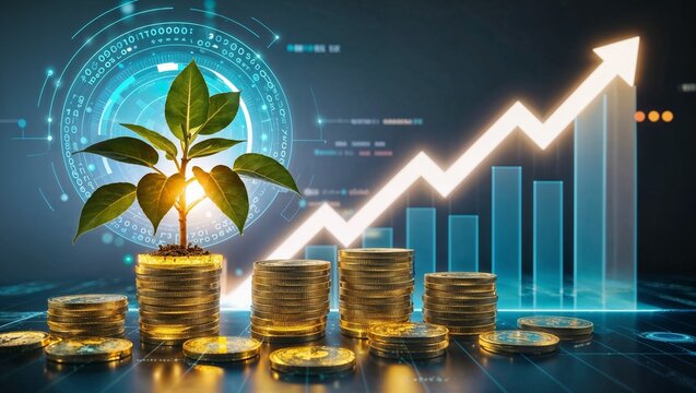 Plant Grow on Coin Currency Holographic Data Bar Graph Investment Digital Economy