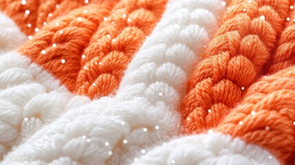 A closeup of textured white and orange knitted fabric, with sparkling glitter embellishments