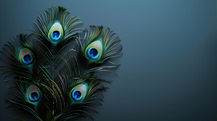 Obraz premium Peacock Feathers with Copy Space on a Blue Background
