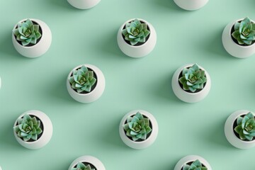 Fototapeta premium Green succulents in modern white pots on a mint green background, creating a fresh and stylish indoor decor aesthetic Perfect for plant lovers and home decoration enthusiasts