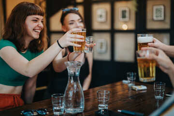 A group of friends enjoys a lively outing, toasting with beers in a cheerful atmosphere. The image captures fun, friendship, and happiness.