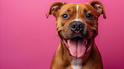 Obraz premium Happy Dog with Pink Background, Copy Space for Your Message