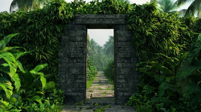 Lush Tropical Entrance with Stone Archway