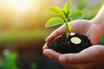 Growing Plant with Coins in Hands Symbolizing Prosperity