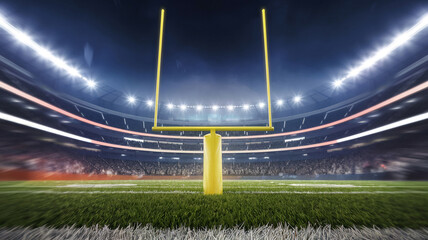 Football stadium with illuminated goalpost at night, ready for the game.
