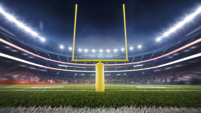 Football stadium with illuminated goalpost at night, ready for the game.