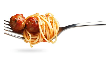 Illustration of isolated photo of a fork with spaghetti and meatballs