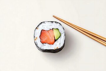 Illustration of isolated photo of a piece of sushi on chopsticks