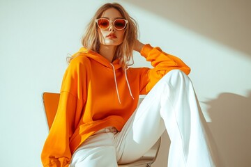 Young confident blonde girl wearing trendy orange hoodie, color sunglasses, posing on white background. Studio fashion portrait. Copy, empty space for text