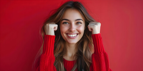 Naklejka premium Smiling Woman in Red Sweater with Copy Space for Your Brand