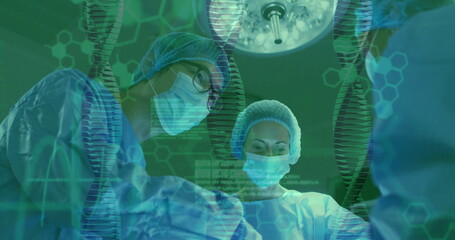 Image of data processing and dna strands over diverse surgeons during operation