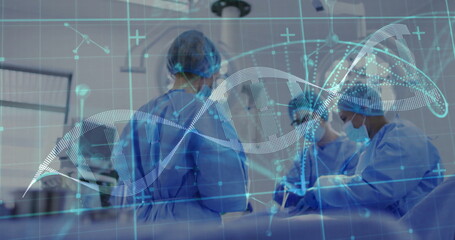 Image of data processing and dna strand over diverse surgeons during operation