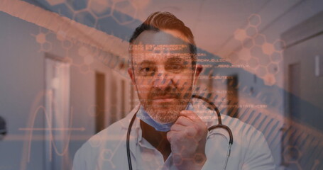 Image of data processing and dna strands over caucasian male surgeon with face mask