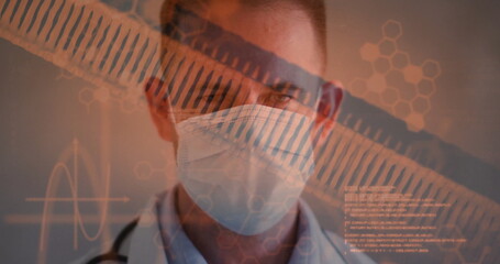 Image of data processing and dna strands over caucasian male surgeon with face mask