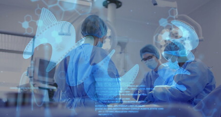 Image of data processing and spirals over diverse surgeons during operation