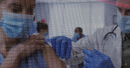 Image of data processing over caucasian male doctor vaccinating patient