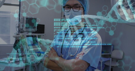Image of data processing and dna strands over asian male surgeon with face mask