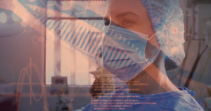 Image of data processing and dna strand over caucasian female surgeon with face mask